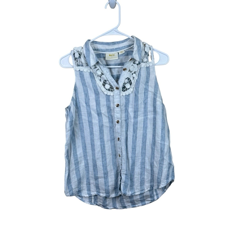 Anthropologie‎ Maeve Edinboro Linen Blouse Blue/White Stripe Cotton Lace Trim S